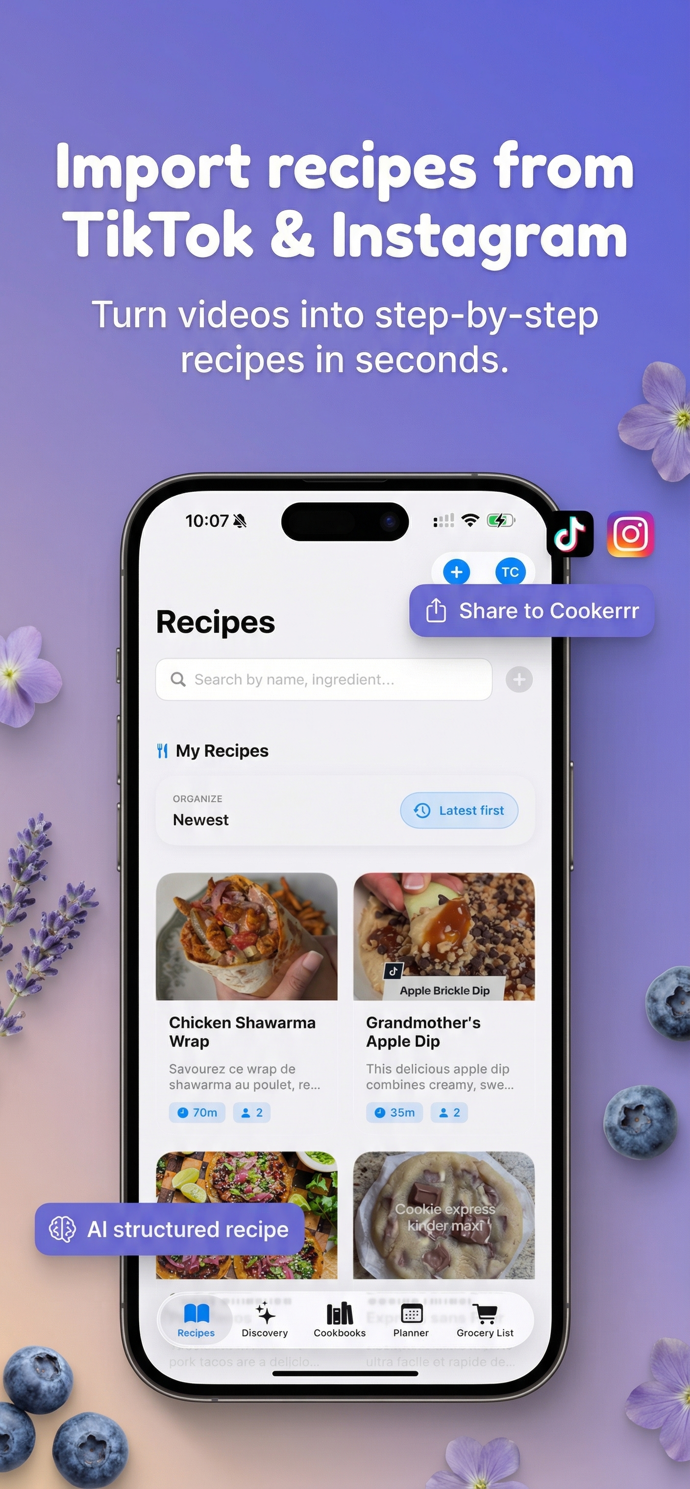 Cookio app showing recipe import from social media